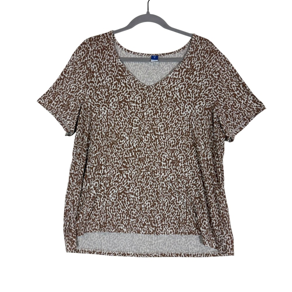 Old Navy Shirt Womens XL Brown Animal Print V Neck Short Sleeve Luxe Jersey Top